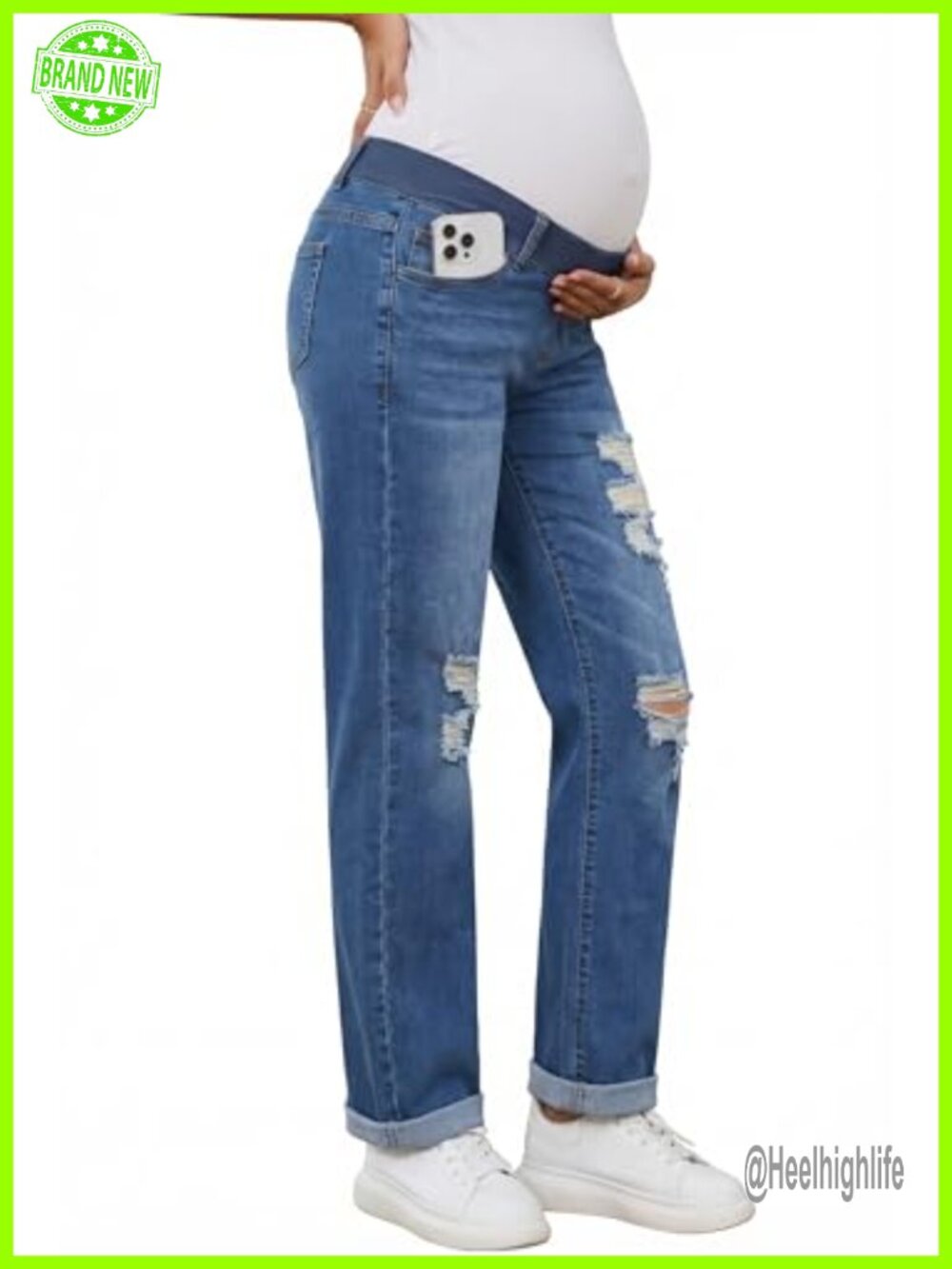Maternity Boyfriend Jeans Under Belly Low Rise Distressed Cotton Blend
